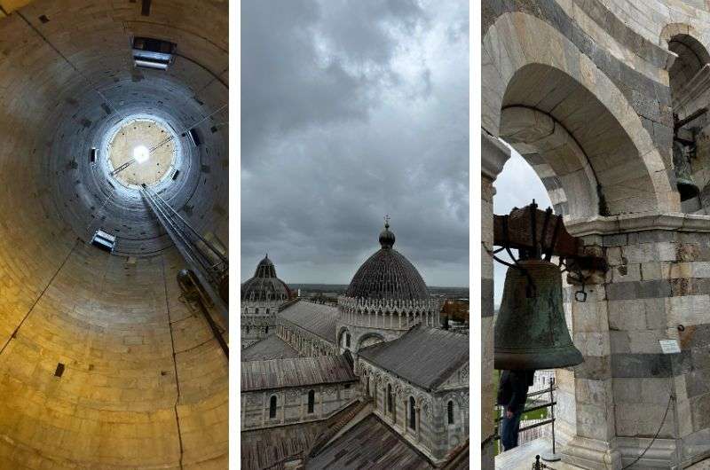 the hollow core of the Leaning Tower of Pisa, rooftop view of Pisa’s Cathedral and Baptistery, Italy, photo by Next level of travel