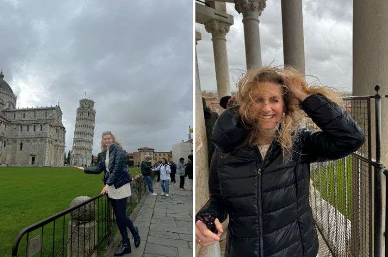 traveler posing by the Leaning Tower of Pisa and smiling at the top in strong wind, Italy, photo by Next level of travel