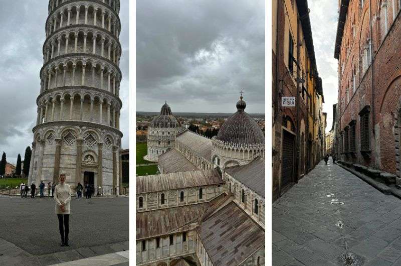 traveler standing in front of the Leaning Tower of Pisa, Aerial view from the tower showing Pisa Cathedral and Baptistery, Italy, photo by next level of travel