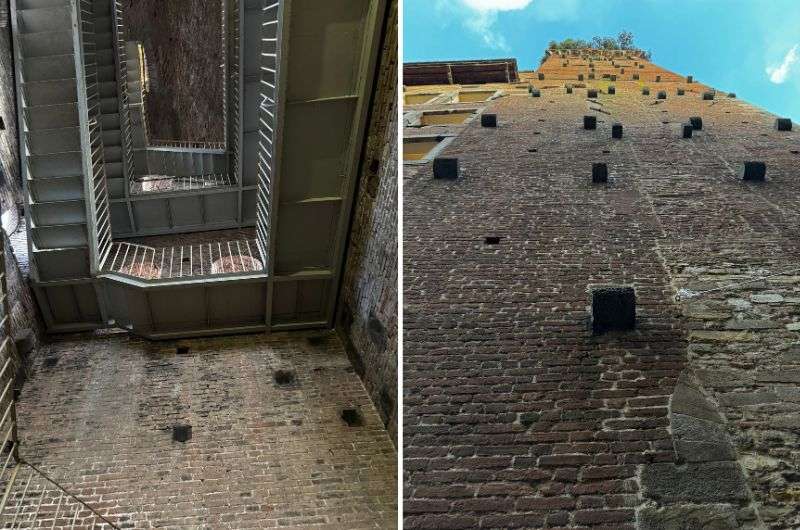 two perspectives of a medieval brick tower as seen on tour of Pisa, Italy, photo by Next level of travel