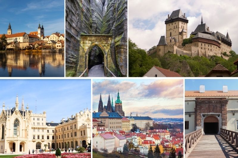 collage of photos of Czech castles-Telč, Adršpach, Karlštejn castle, Lednice-Valtice Complex, Prague Castle