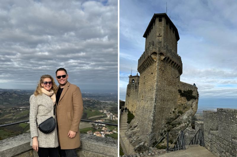 couple on the forts of the San Marino’s towers, photo by Next level of travel