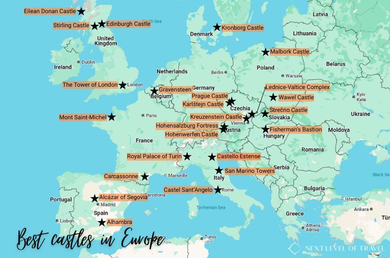 Map showing 25 best castles in Europe ranked by Next Level of Travel