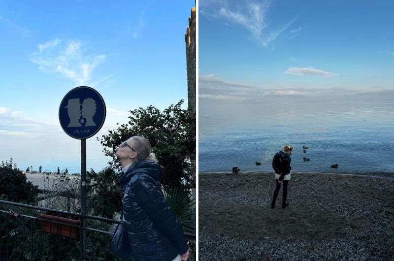tourist on Jamaica Beach next to famous Kiss Please sign, Sirmione, Italy, Next level of travel