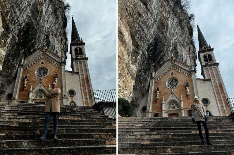 tourists in front of the Sanctuary of Madonna della Corona, Italy, photo by Next level of travel