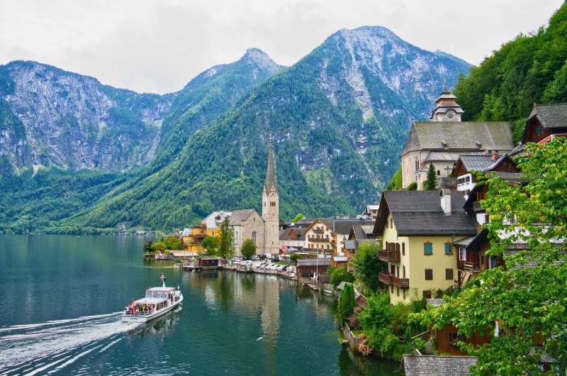Classic view of Hallstatt Old Town from viewpoint north of the port, how to spend a day in Hallstatt, Austria