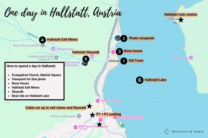 Map of Hallstatt itinerary stops for one day, map by Next Level of Travel