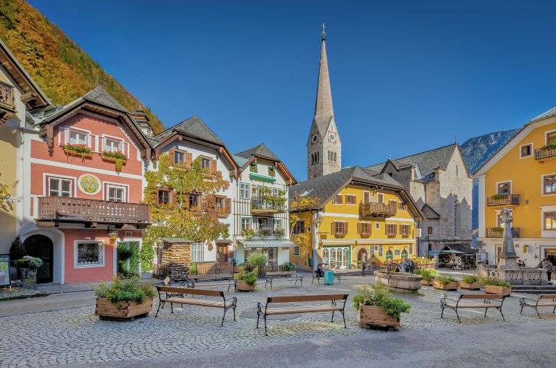 Market Square in Hallstatt, view from a sunny day in Hallstatt, Austria