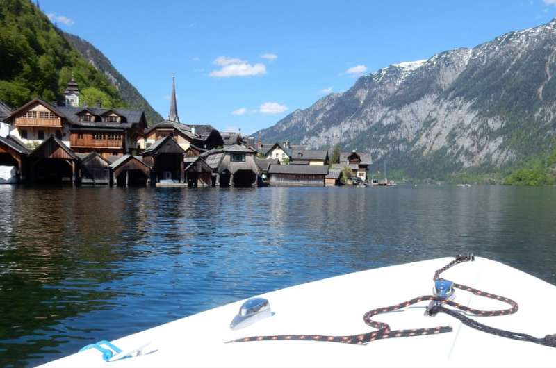 View of Hallstatt Austria from a rental boat out on Hallstatt Lake