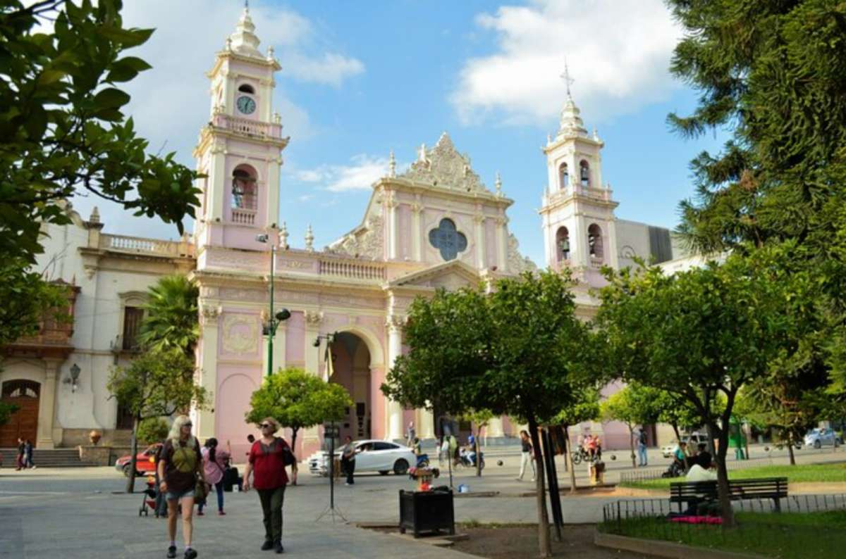 : Salta Cathedral with pink facade and twin towers on a sunny day, Salta city, travel in Argentina