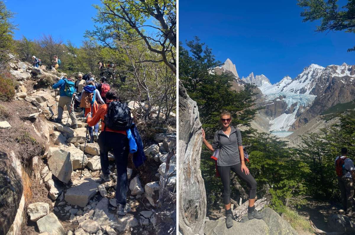 Hikers climbing a rocky trail and woman posing with mountains and glacier in the background, Los Glaciares National Park, Argentina, photo by Next Level of Travel