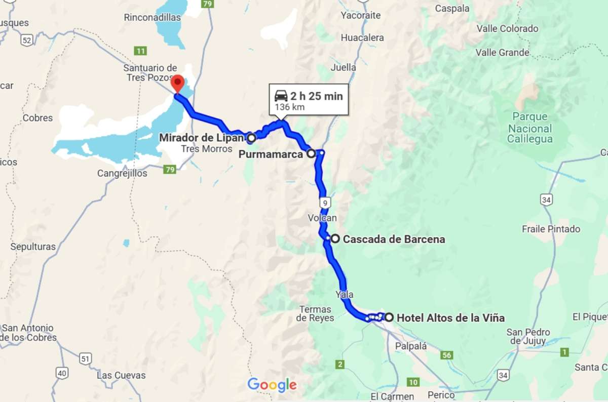 Map showing a travel route from Hotel Altos de la Viña in San Salvador de Jujuy to Salinas Grandes, Argentina