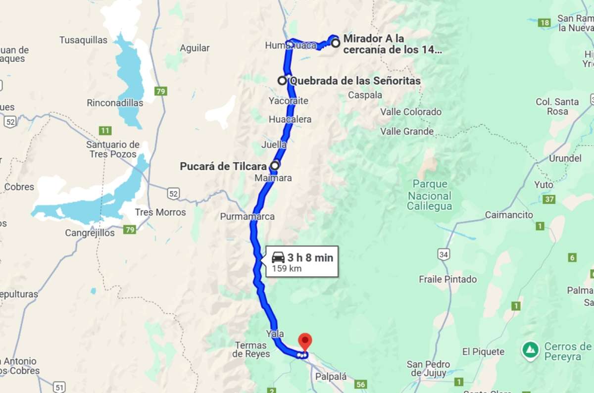 Map showing route of drive from Mirador A la cercanía de los 14 Colores del Hornocal to San Salvador de Jujuy, Argentina, route of third day of Argentina itinerary