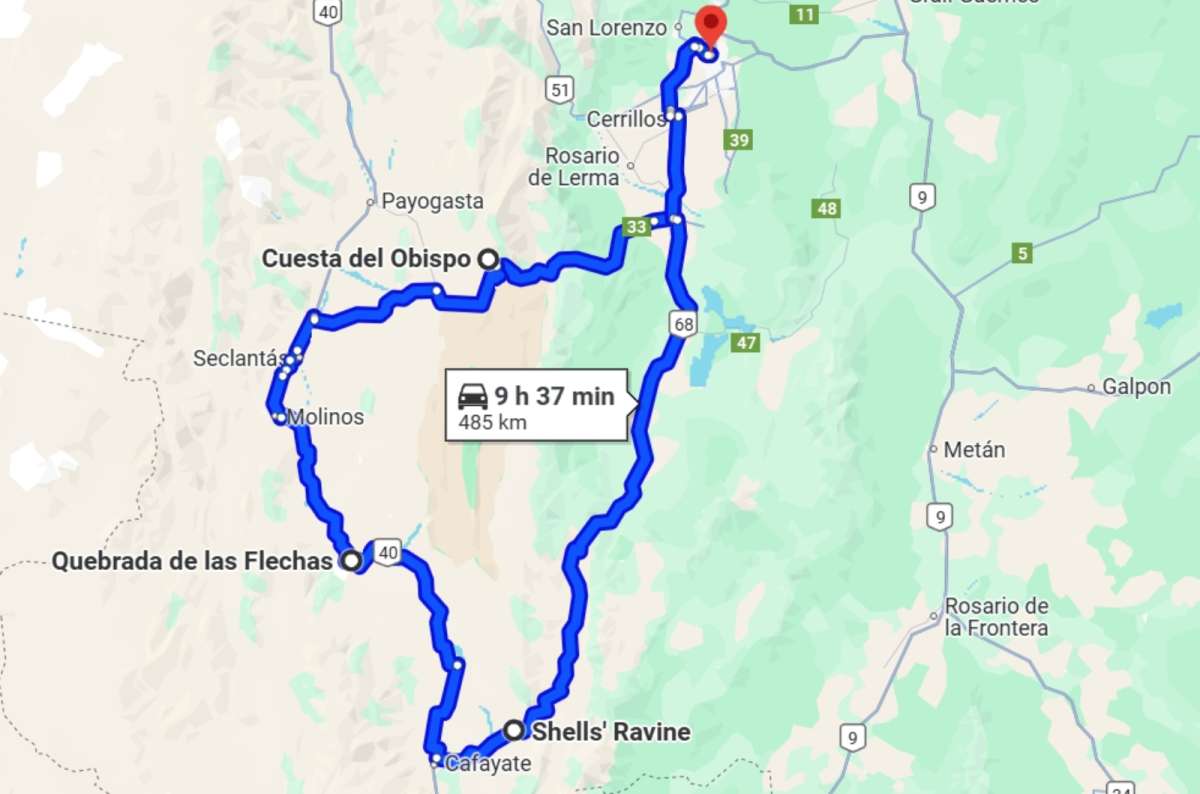 Map showing route of drive from Salta to Cuesto del Obispo, Los Cardones and Quebradas, plan of second day on Argentina itinerary