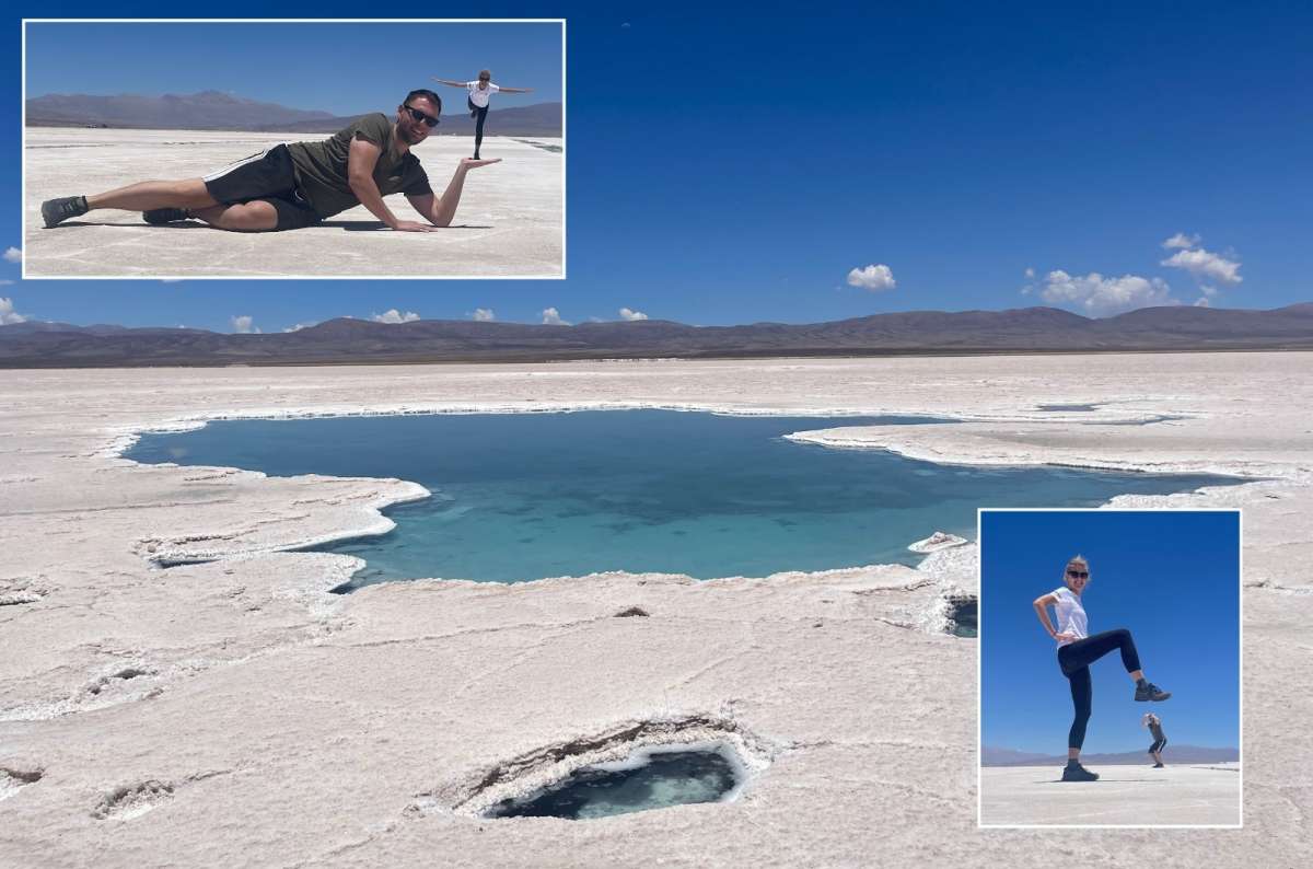 Photos of tourists playing with perspective photography at Salinas Grandes, Argentina, with bright white salt flats, photo by Next Level of Travel