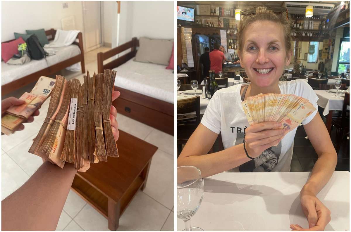 Stacks of Argentine pesos, and a tourist holding banknotes, photo by Next Level of Travel