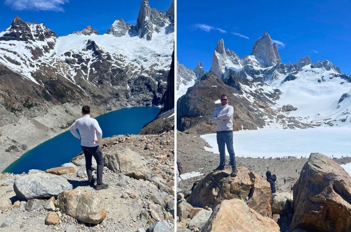 Tourist posing in front of a glacial lake and snow-covered peaks, Laguna El Diablo, Argentina, photo by Next Level of Travel