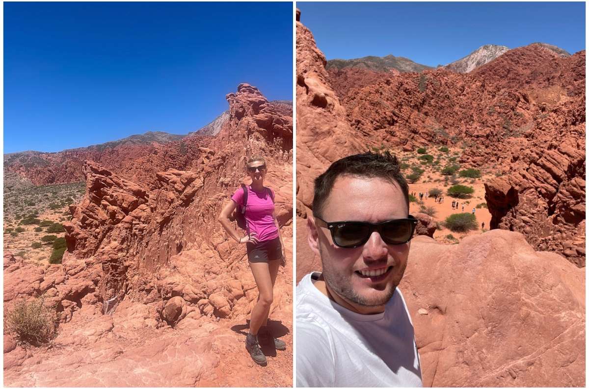 Tourists hiking among striking red rock formations in Quebrada de las Señoritas, Argentina, photo by Next Level of Travel