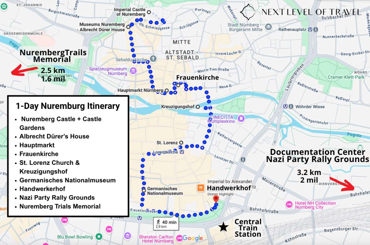 a map of all the stops mentioned in this Nuremberg one day itinerary, map by Next Level of Travel