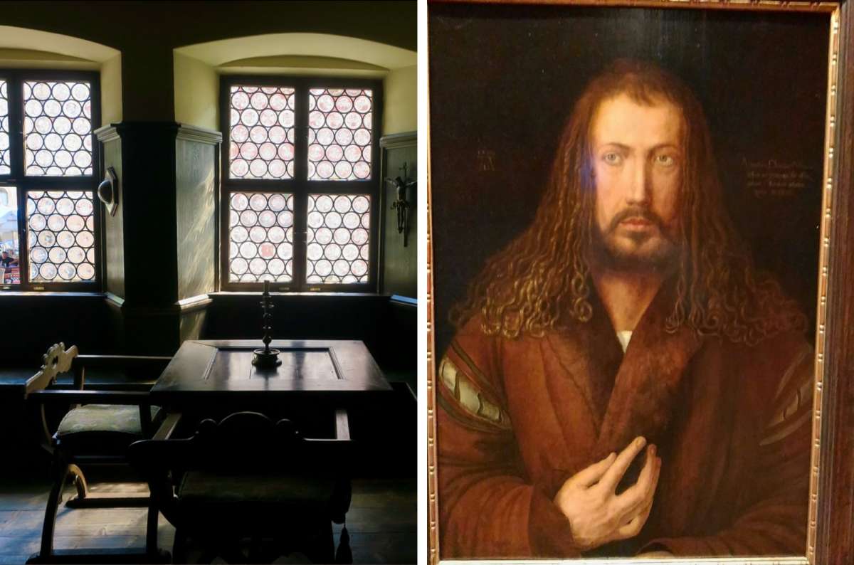 a photo of the inside of Albrecht Dürer’s House next to a portrait of him, Nuremberg, Germany