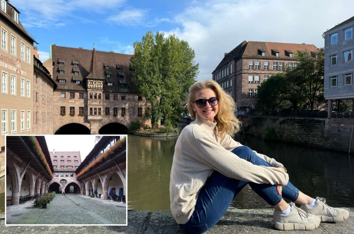 a tourist posing close to the Kreuzigungshof and a photo from the Kreuzigungshof itself, Germany