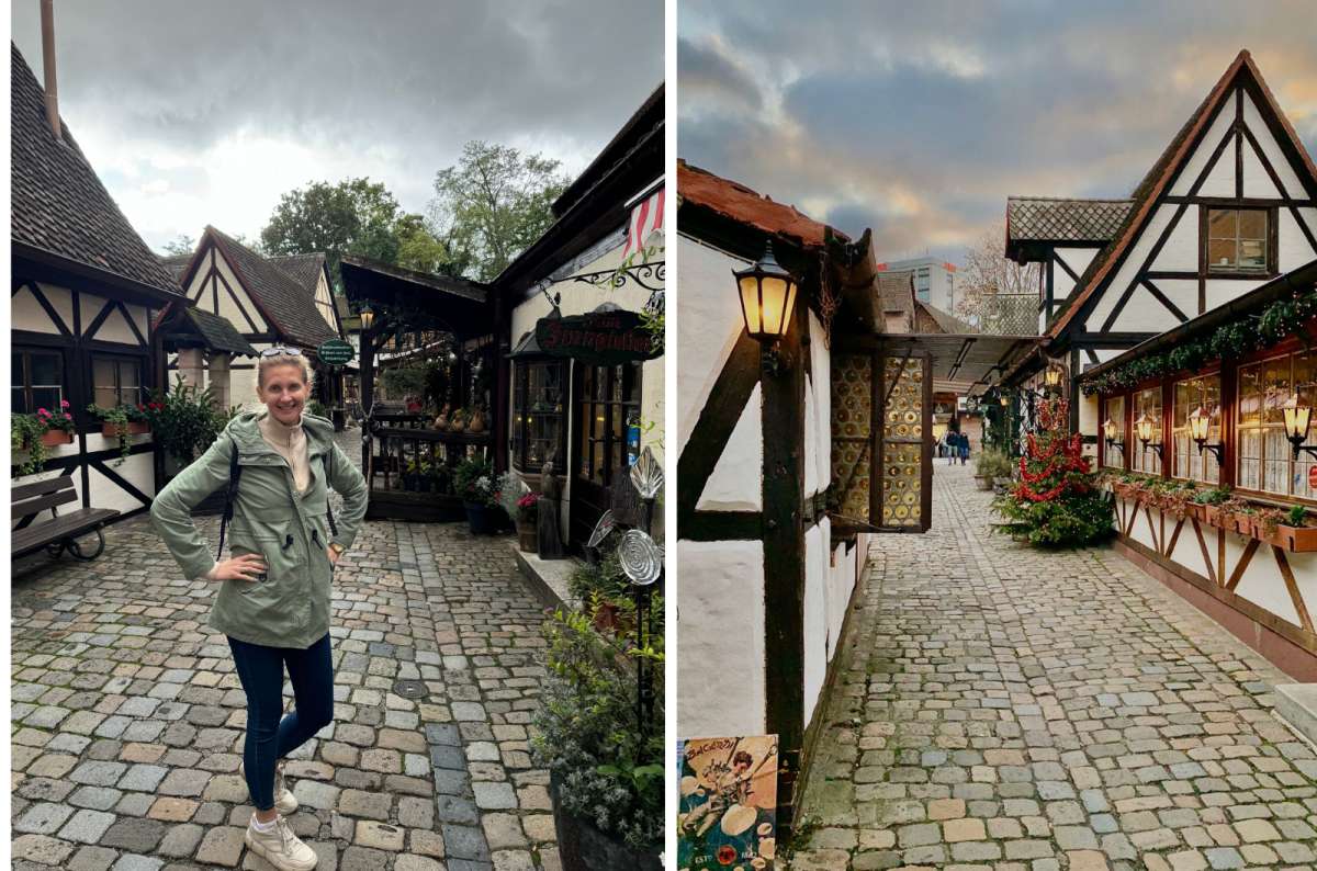 a woman posing at the Handwerkof when visiting Nuremberg, Germany