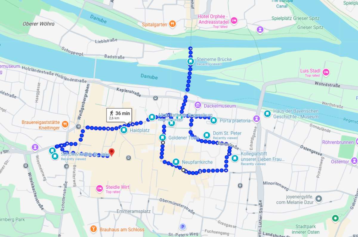 A map showing the route of a one-day Regensburg itinerary, Germany