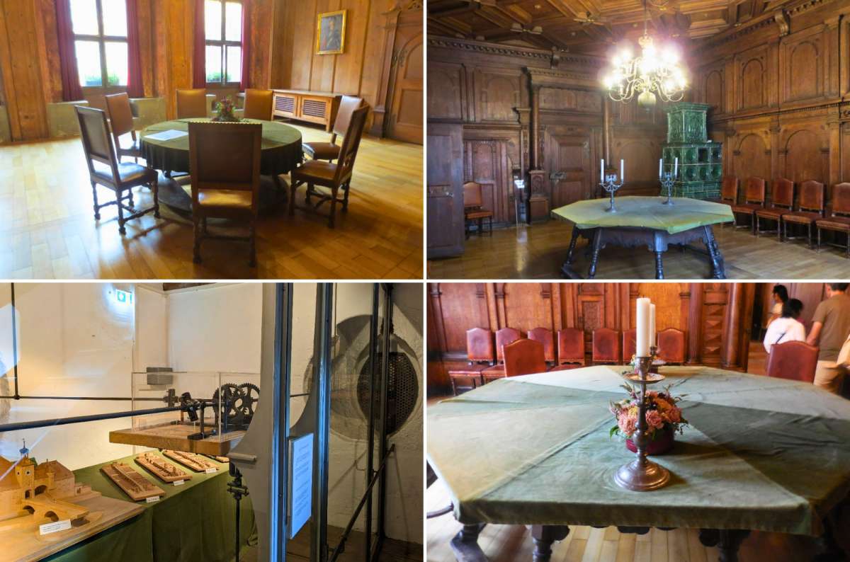 Collage of rooms inside Regensburg’s Altes Rathaus, Germany