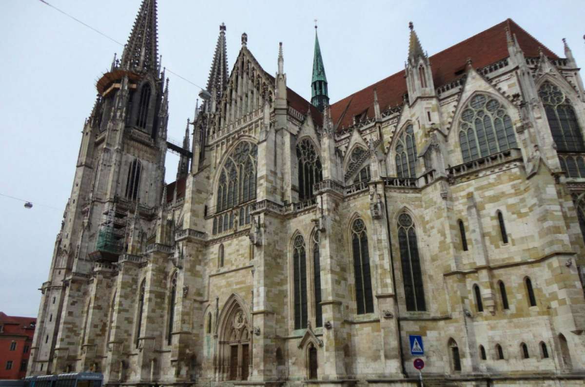 Exterior view of Regensburg St. Peter’s Cathedral, showcasing its Gothic architecture, Germany