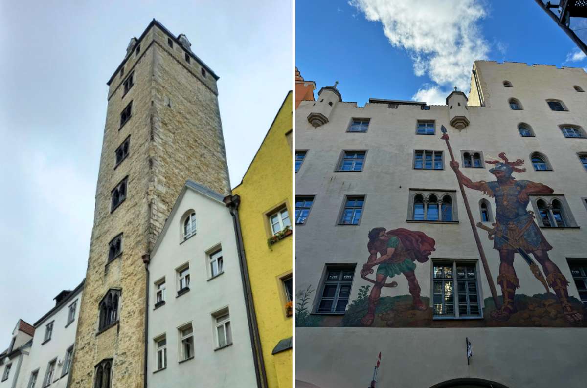 Golden Tower in Regensburg, and the Goliathhaus facade with its famous mural of David and Goliath, photo by Next Level of Travel