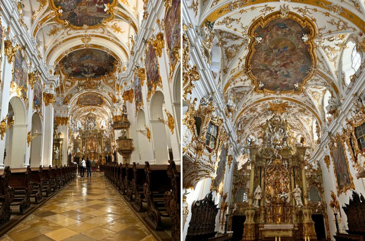 Interior of the Basilica of the Nativity of Our Lady in Regensburg, richly decorated Rococo architecture with gold stucco, ceiling frescoes, and an elaborate altar, photo by Next Level of Travel