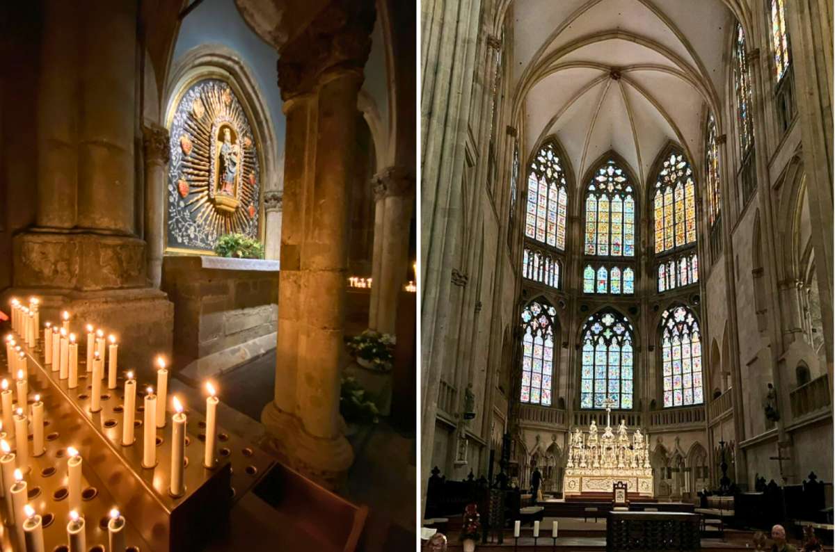 Left: Crypt inside Regensburg St. Peter’s Cathedral, with a statue of the Virgin Mary. Right: Gothic interior of the cathedral with stained-glass windows and an ornate altar, Germany