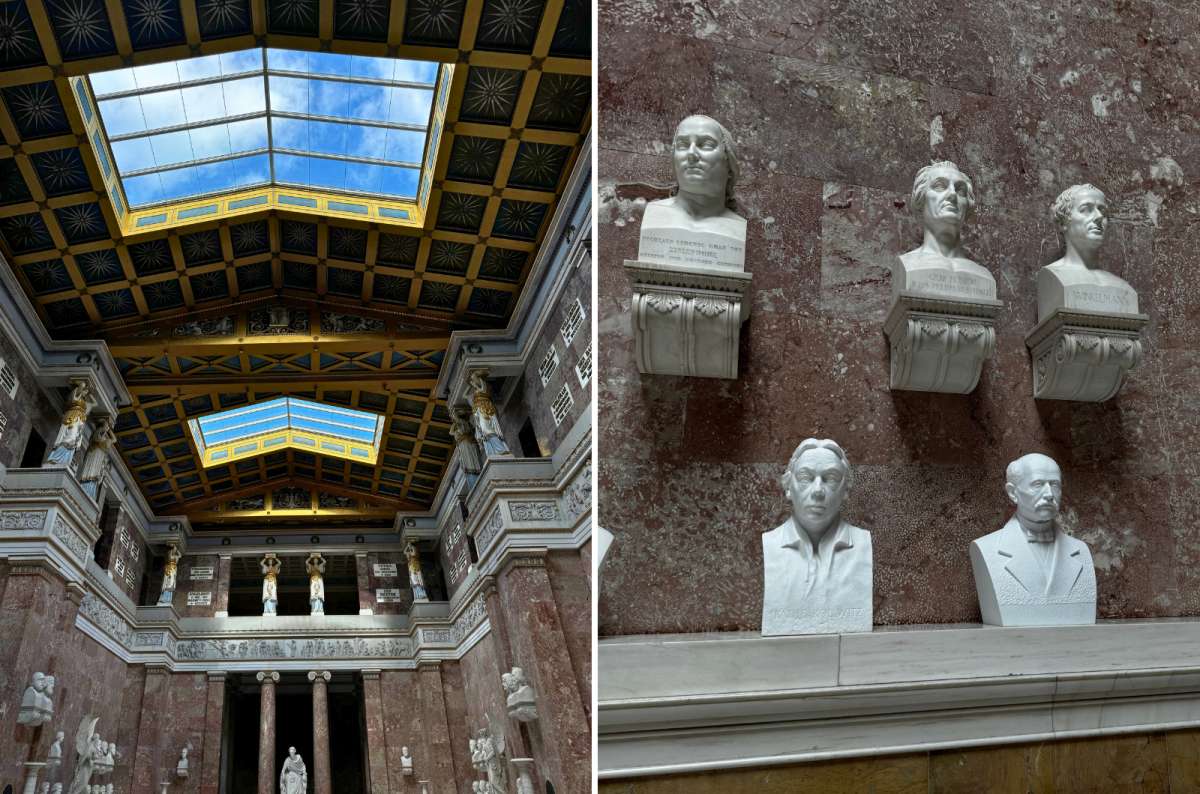 Left: Grand interior hall of Walhalla with a skylight ceiling, marble columns, and classical statues. Right: Close-up of marble busts of famous Germans displayed, photo by Next Level of Travel