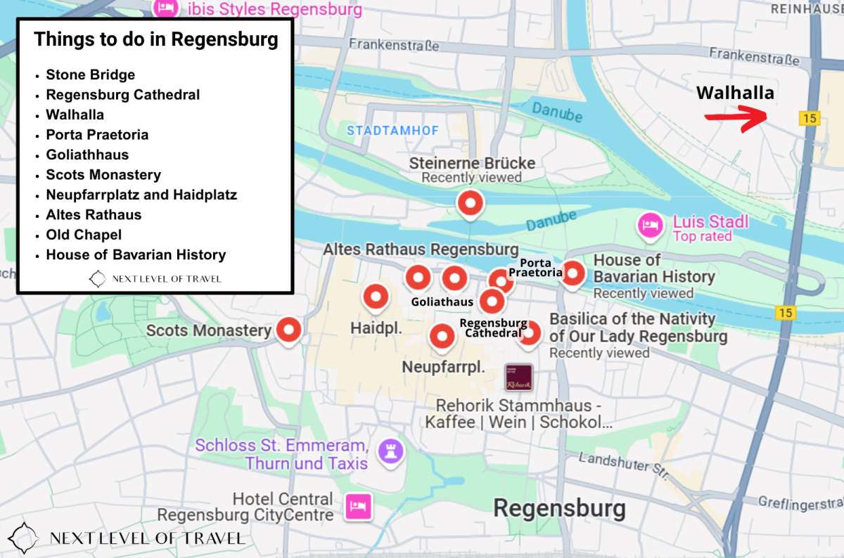 Map of Regensburg, Germany, highlighting best things to see in the city, created by Next Level of Travel