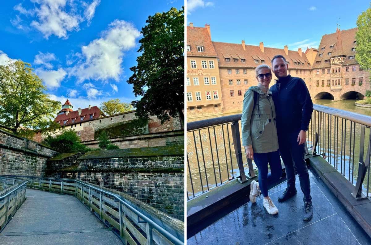 Medieval walls and riverside views in Nuremberg, with a couple posing in front of historic buildings, Germany photo by Next Level of Travel