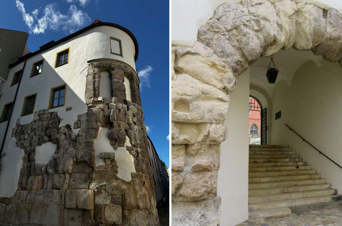 Porta Praetoria in Regensburg ancient Roman stonework partially preserved in the exterior of a modern building, alongside an interior view of the arched gateway, photo by Next Level of Travel