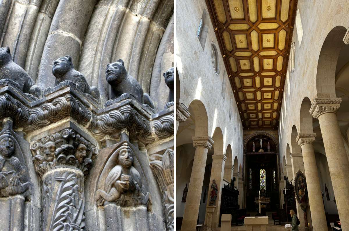 Scots Monastery in Regensburg, showing detailed Romanesque carvings on the portal and a simple interior with arches, columns, and a wooden ceiling, photo by Next Level of Travel
