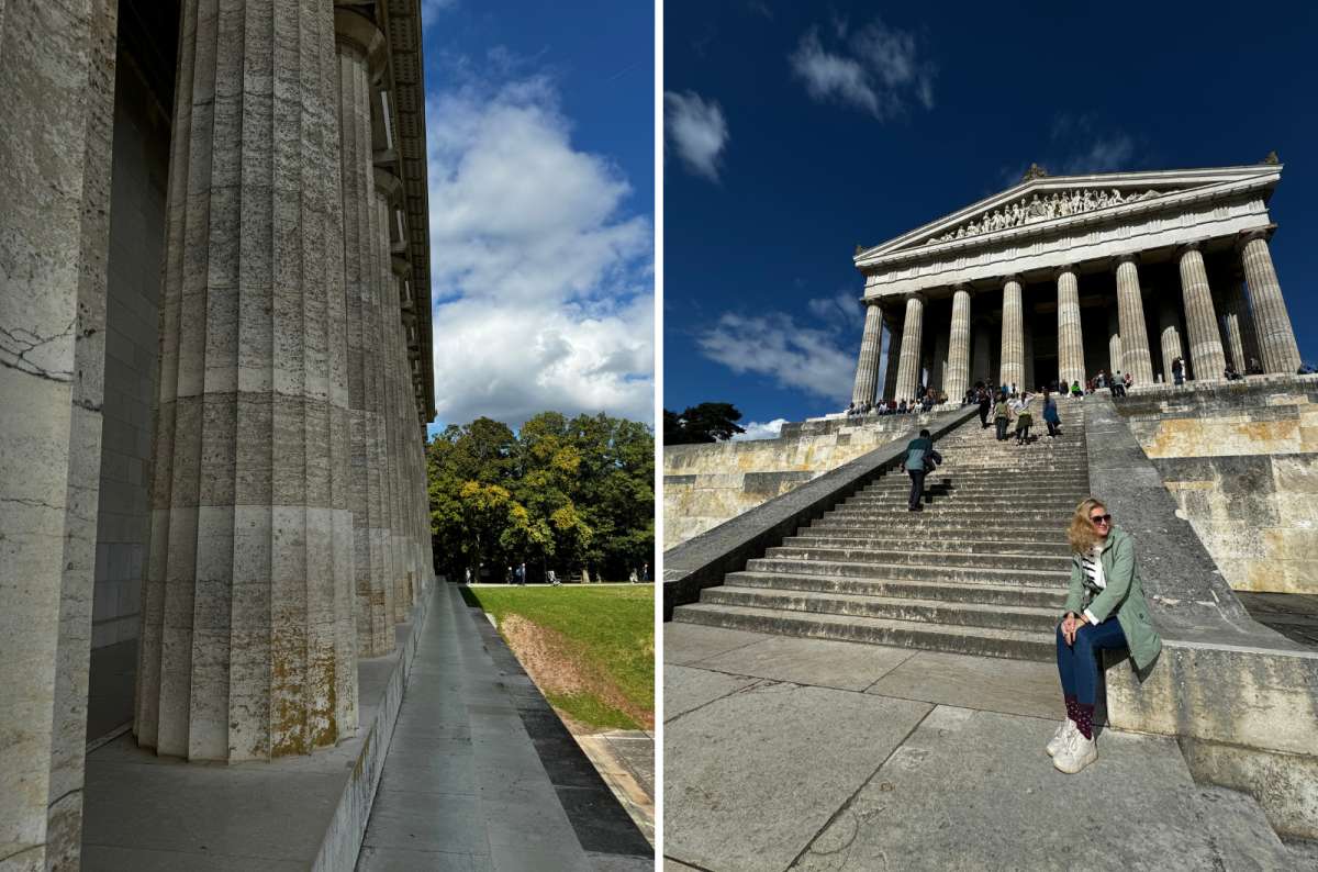 Two views of Walhalla, top thing to do near Regensburg: one showing its columns, the other the grand staircase with visitors, photo by Next Level of Travel