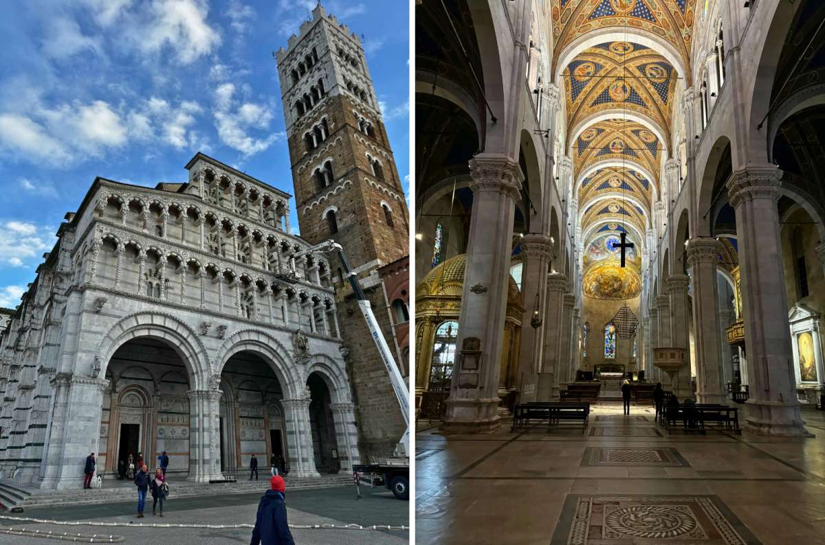 A collage of Lucca’s Duomo di San Martino, ornate Romanesque facade outside, vaulted frescoed ceilings inside, Italy, photo by Next Level of Travel