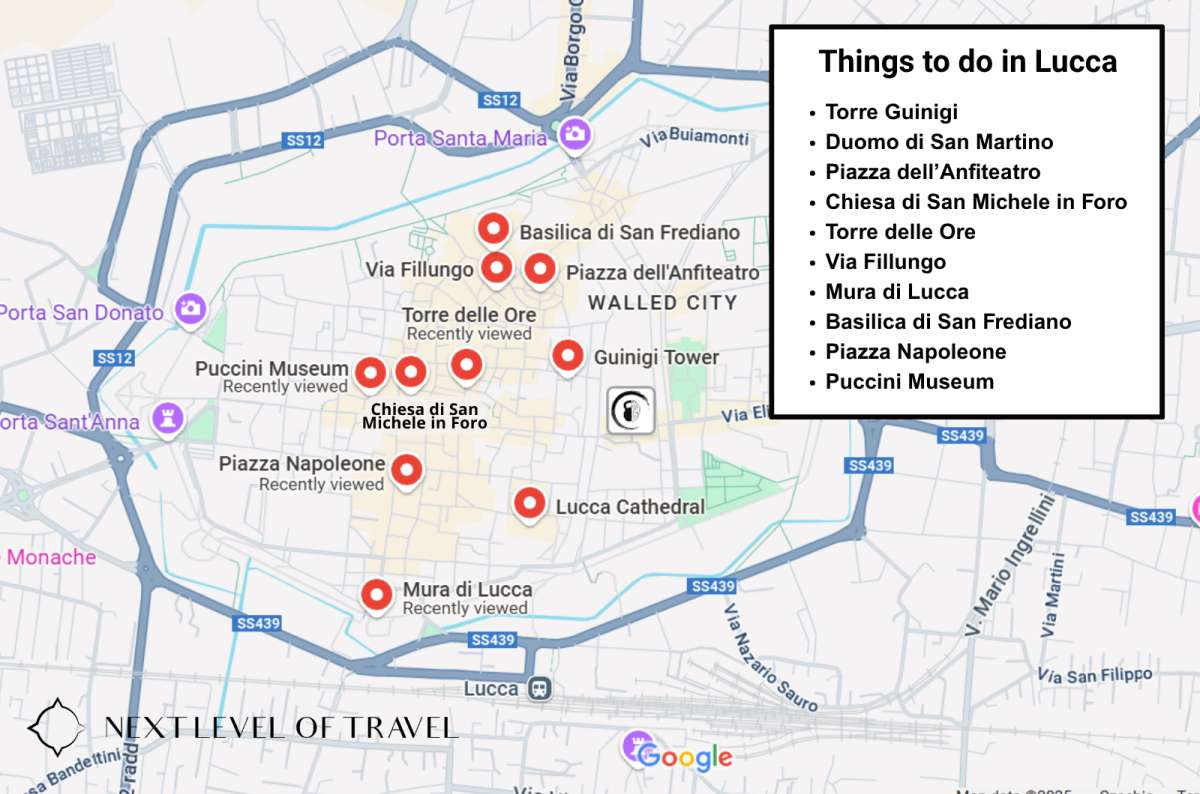 A labeled map of Lucca’s historic center with top things to see in Lucca Italy including Duomo di San Martino, and more, surrounded by the city’s Renaissance walls, created by Next Level of Travel