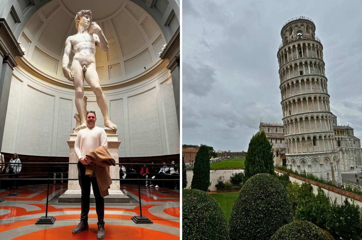 Collage of a man standing in front of Michelangelo’s statue of David in Florence’s Accademia Gallery, and The Leaning Tower of Pisa, Italy travel blog, photo by Next Level of Travel