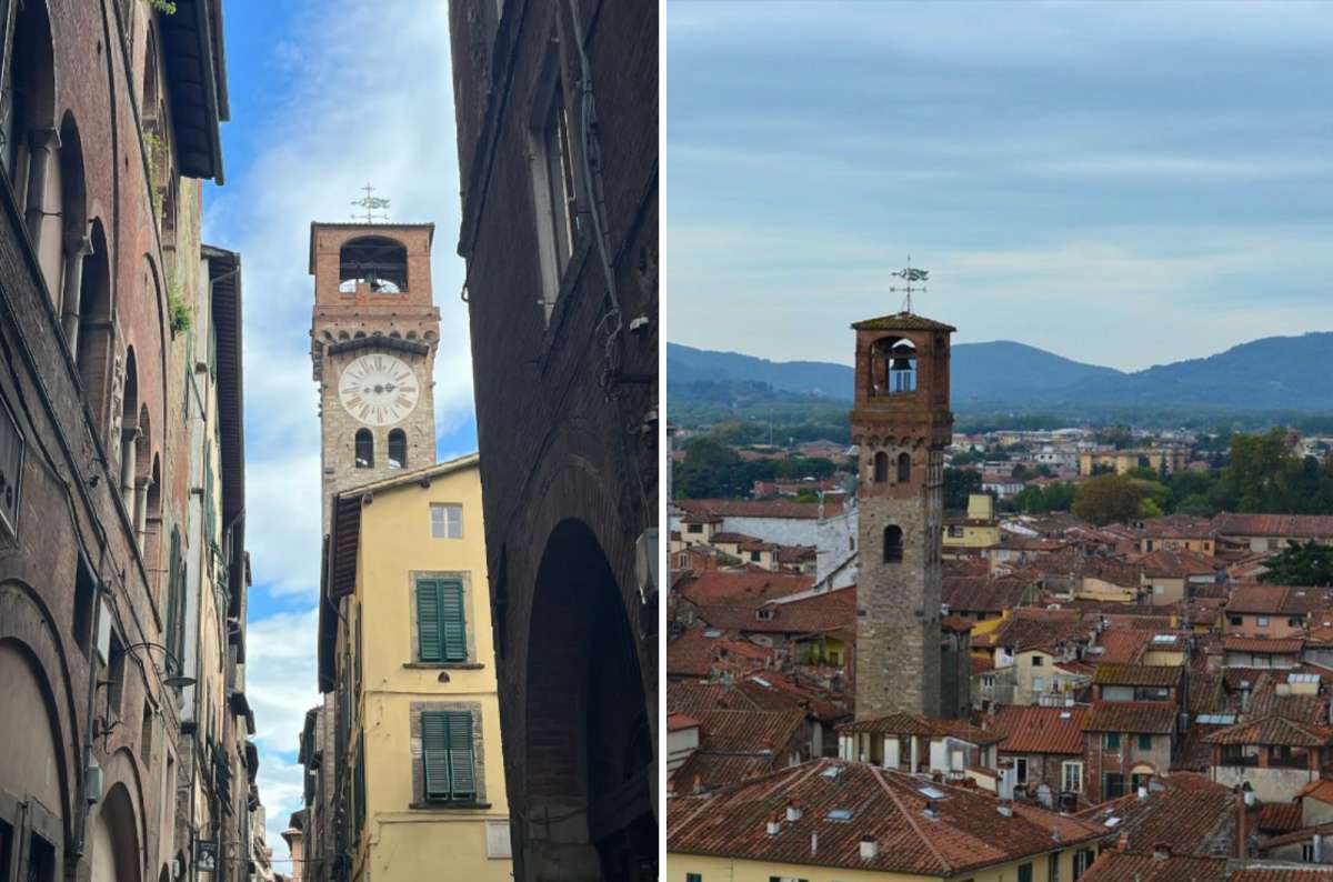 Panoramic view of Lucca’s red rooftops with Torre delle Ore rising in the center; inset shows a close-up of the clock tower framed by narrow streets and old buildings, Italy