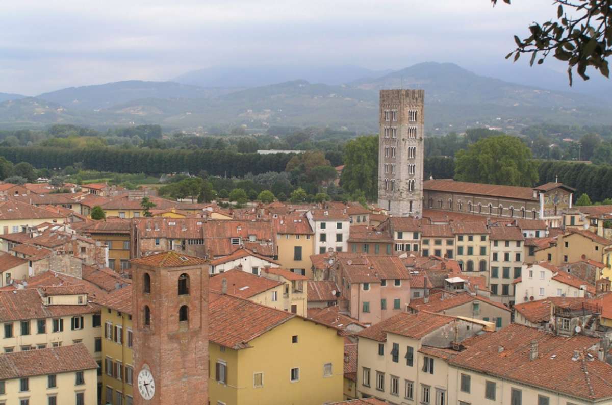 View over Lucca’s historic center with red rooftops, a medieval clock tower, and the tall bell tower of Basilica di San Frediano, framed by hills and greenery in the distance