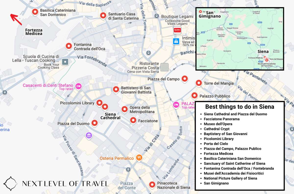  a map of all the stops mentioned in this article about a day in Siena, Italy, map by Next Level of Travel
