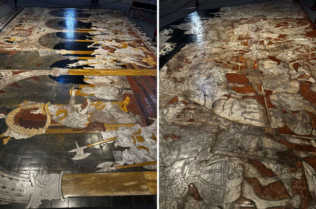 a photo of the artwork on the Siena Cathedral floors with biblical motives, Italy, photo by Next Level of Travel