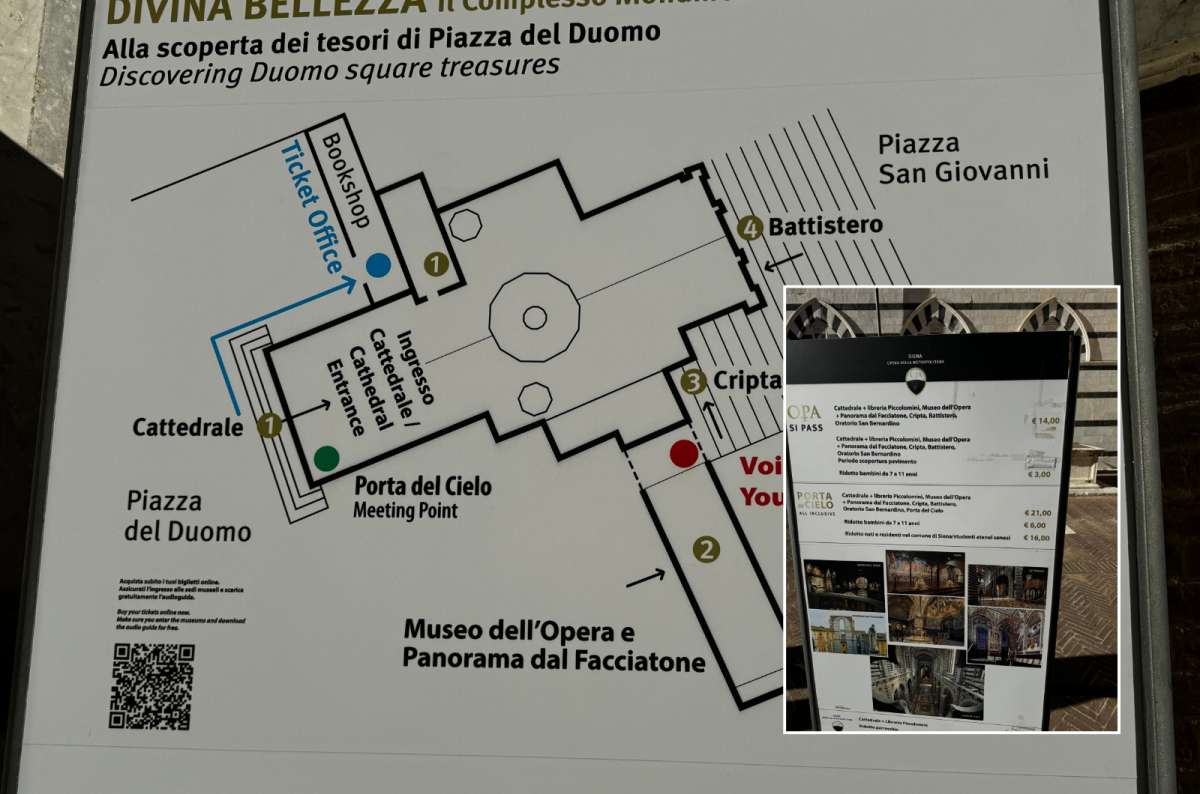 a photo of the map of Piazza del Duomo, Italy along with a photo of the entry prices, photo by Next Level of Travel
