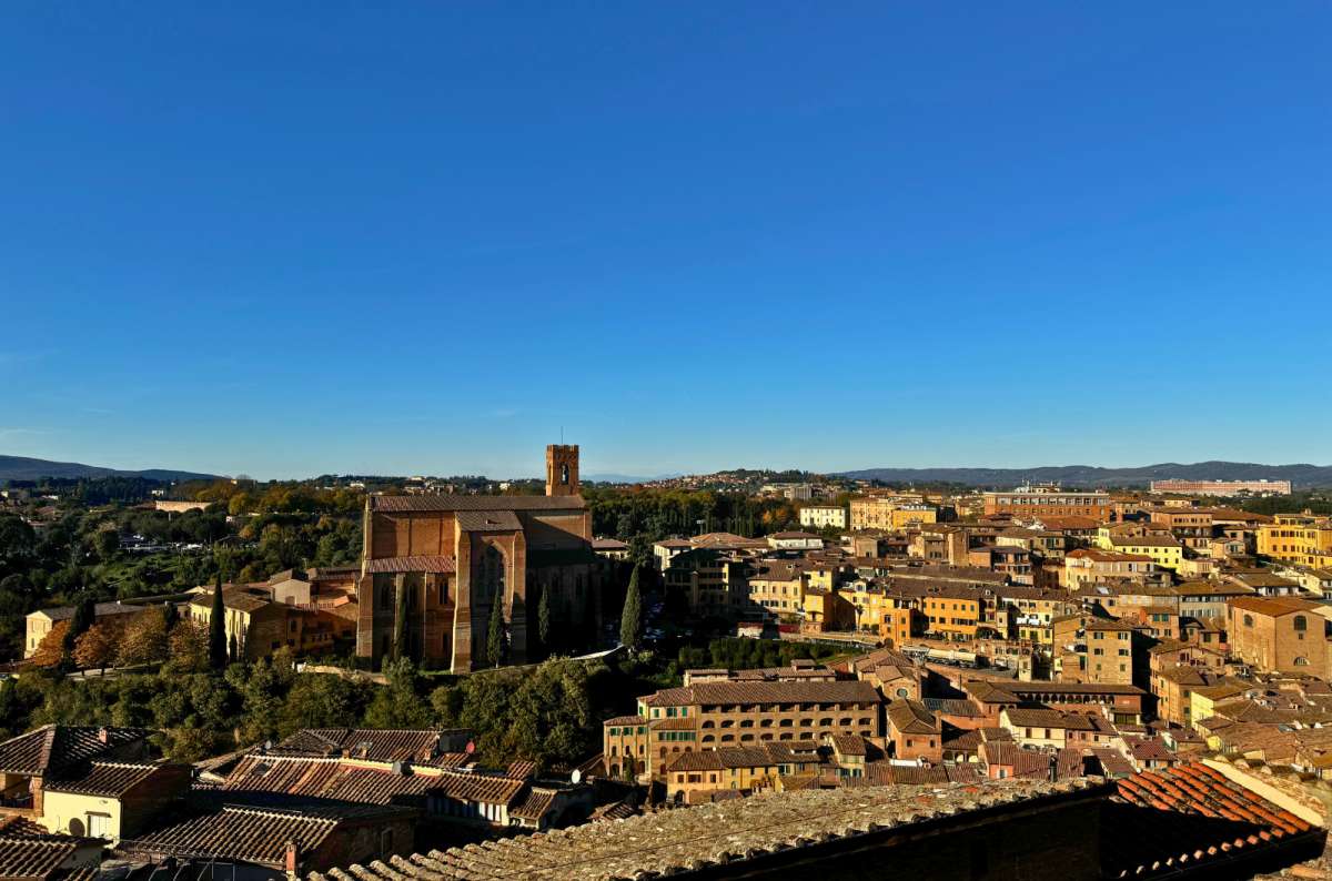 a photo of the panoramic view of Siena, Italy on a sunny cloudless day, photo by Next Level of Travel