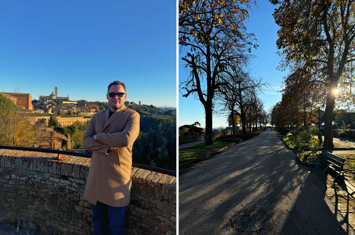 a tourist posing at Fortezza Medicea with the Siena panorama visible in the background, Siena, Italy, photo by Next Level of Travel