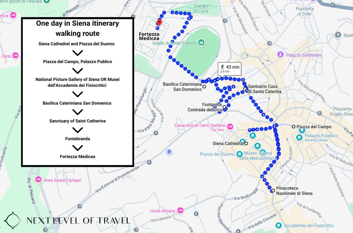 Map showing walking route and step by step instructions on how to spend one day in Siena, Italy, map created by Next Level of Travel