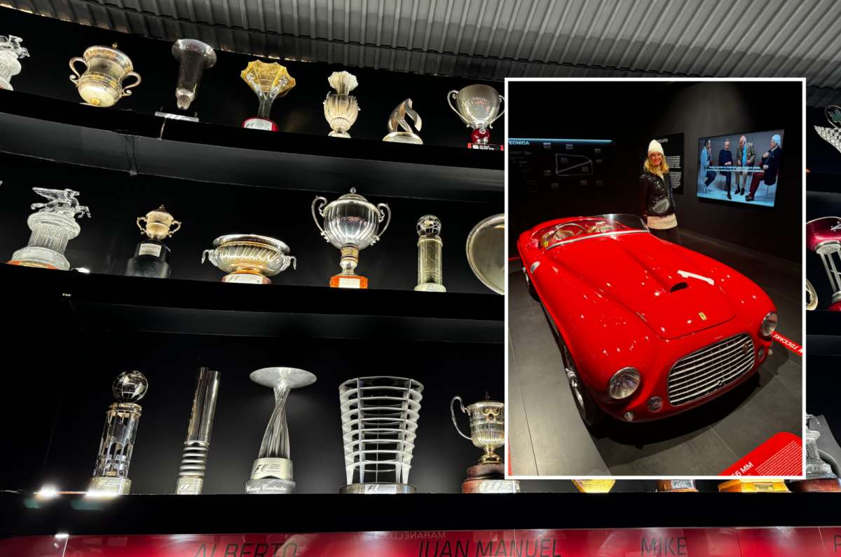 A display of racing trophies at the Ferrari Museum in Maranello, Italy, with an inset showing a woman standing beside a vintage red Ferrari sports car, photo by Next Level of Travel